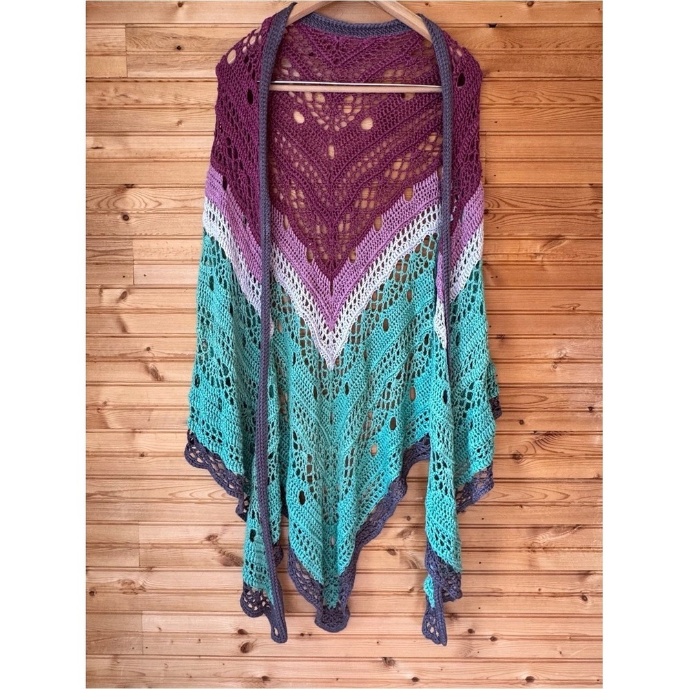 Handmade Crochet Shawl Chevron Teal Purple White Grandma Cottage